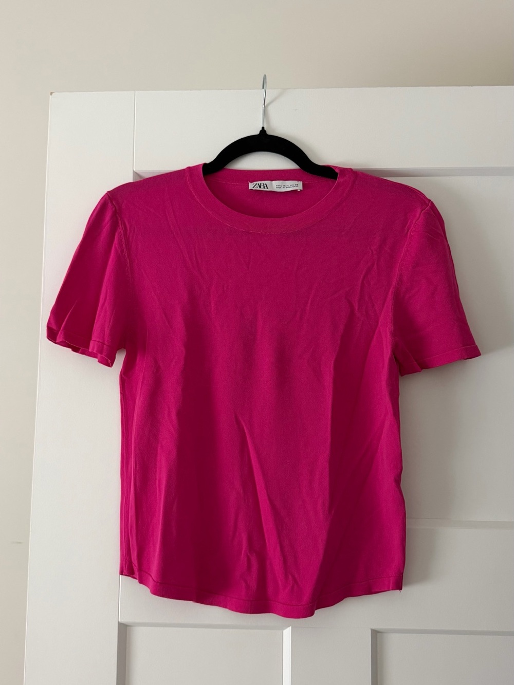 Zara Women Basics - Crop Knit Top Fuchsia Short Sleeve Crewneck Tee